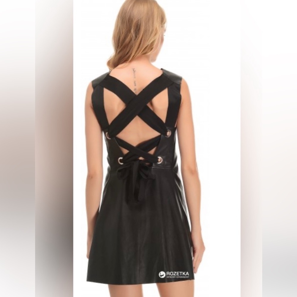 Zara Small Black Faux Leather Dress with Open Back and Crisscross Ribbon